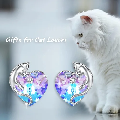 Vista 5 de AOBOCO Joyas de gato para mujer, juego de collar y aretes de plata de ley con corazón morado de cristal de Austria