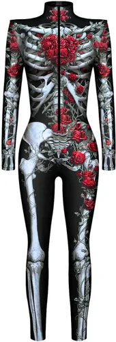 Vista 3 de Selowin Disfraz de vampiro con estampado 3D para mujer, disfraz de esqueleto de Halloween, overol ajustado de hueso, rojo, talla M