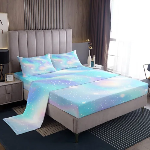 Vista 20 de Juego de sábana bajera ajustable de teñido anudado para niñas, juego de ropa de cama con diseño de arco iris degradado de arcoíris, lindo juego