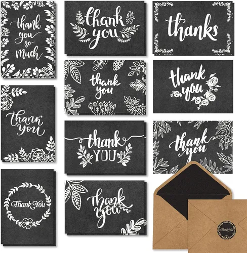 Vista 7 de 150 tarjetas de agradecimiento con sobres y calcomanías de papel kraft marrón a juego, 10 diseños elegantes de papel kraft a granel, notas en blanco