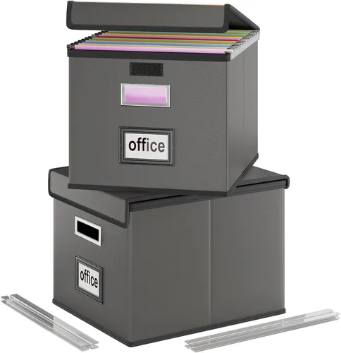 Vista 16 de Caja organizadora de archivos Huolewa con tapa, caja organizadora de carpetas de archivos colgantes de cuero sintético plegable con deslizadores