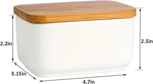 Vista 7 de Mantequillera de porcelana con tapa de bambú, recipiente de cerámica para encimera o refrigerador, plato de almacenamiento de mantequilla de cocina