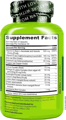 Vista 7 de NATURELO Vitaminas para los Ojos - Fórmula AREDS 2 Nutrientes con Luteína, Zeaxantina, Vitamina C, E, Zinc, Más DHA - Suplemento para Ojos Secos