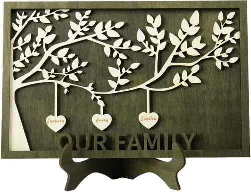 Vista 15 de Árbol genealógico con etiqueta de corazón, placas de madera grabadas personalizadas, regalos personalizados para madres, padres, escritorio, nombres