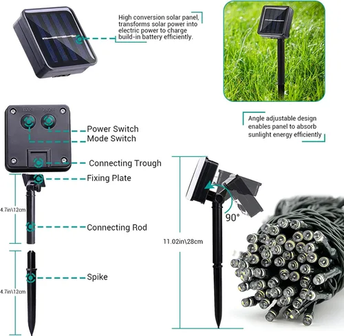Vista 7 de Joomer Luces Solares Navideñas en Cadena, 39 pies, 100 LED, luces impermeables para exteriores con 8 modos de luces centelleantes para jardín