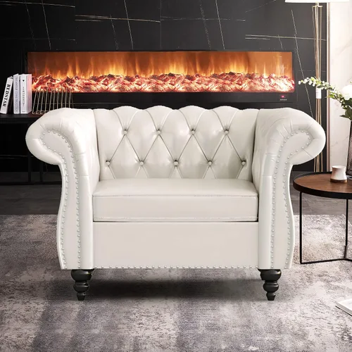 Vista 7 de Sofá grande de poliuretano, conjunto de sofá moderno, sofá clásico copetudo Chesterfield con respaldo copetudo para sala de estar (blanco 1+3)
