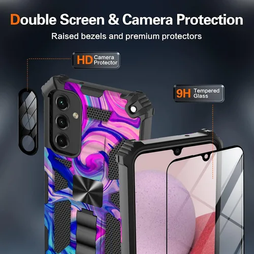 Vista 2 de Funda para Samsung Galaxy A14 5G con protector de pantalla de vidrio templado [grado militar] Anillo de montaje en coche Kickstand Funda rígida a