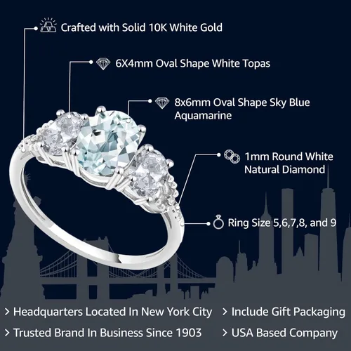 Vista 20 de Anillo de compromiso ovalado de oro blanco de 10 quilates con piedra natal y topacio blanco de 3 piedras con detalles de diamante Centro de 0.315