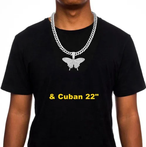 Vista 5 de HH BLING EMPIRE Collar de mariposa de diamantes de plata y oro para hombres y mujeres, colgante de mariposa grande de hip hop con cuerdateniscadenas