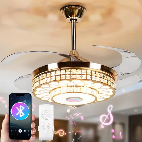 Vista 12 de Ventilador de techo invisible de 42 pulgadas con luz y control remoto, acabado negro, aspas retráctiles, ventiladores con luces LED, 3 cambios