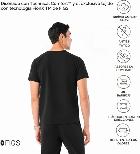Vista 5 de FIGS Leon - Camiseta médica para hombre, 3 bolsillos, ajuste a medida, cuello en V moderno, elástico en 4 direcciones, absorbe la humedad BLK