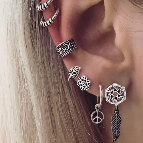 Vista 2 de Ofertas de liquidación 7 unidsset atrapasueños hoja oreja cuff aretes mujeres joyería vintage regalo