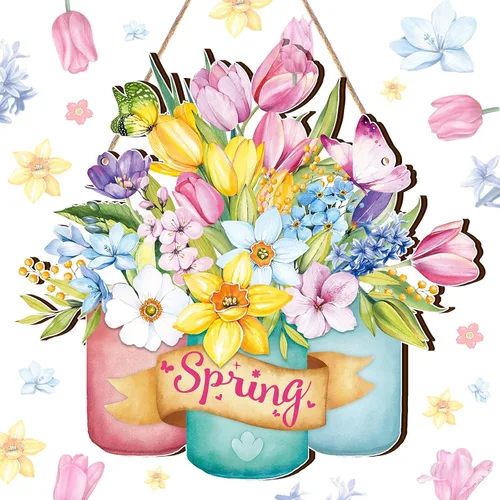 Vista 13 de Juexica Coronas de Pascua para puerta delantera, letrero de madera de bienvenida, colgador de puerta, decoración de primavera, placa colgante