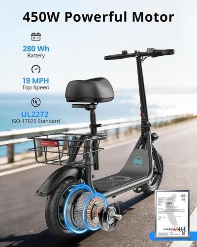 Vista 3 de Gyroor Electric Scooter with Seat for Adults C1 450W Motor 20 Miles Negro clásico