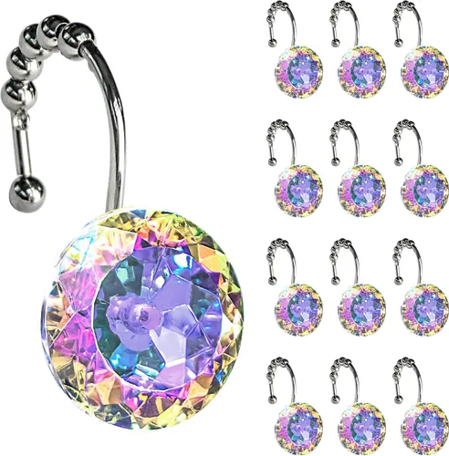 Vista 12 de Sunlit Diseño de Lujo Redondo Aqua Azul Diamante Cristal Gema Bling con Bolas Deslizantes Ganchos para Cortina de Ducha, Anillos para Cortina