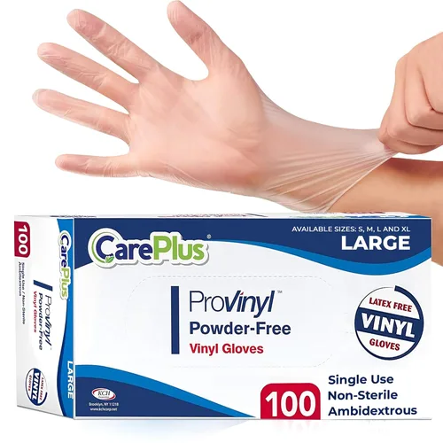 Vista 17 de CARE PLUS Pro - Guantes de vinilo transparentes de tamaño pequeño, 100 unidades Sin látex, sin polvo, resistentes, no estériles, Guantes