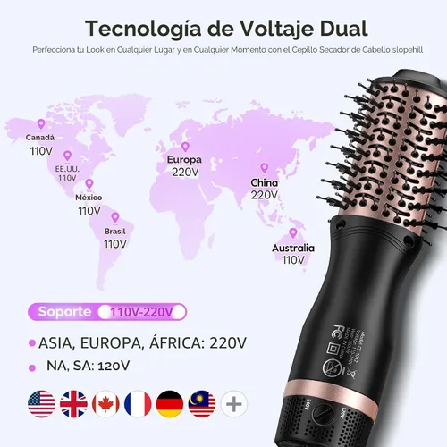 Vista 3 de slopehill Mini Secadora de Pelo con Cepillo de Viaje de Doble Voltaje, Cepillo de Aire Caliente de 1000 Vatios con Enchufe Europeo, Secadora