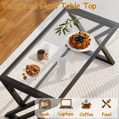 Vista 4 de Mesa de café Wolawu de vidrio negro para sala de estar, mesa central rectangular moderna con marco de metal resistente, mesa de té de vidrio