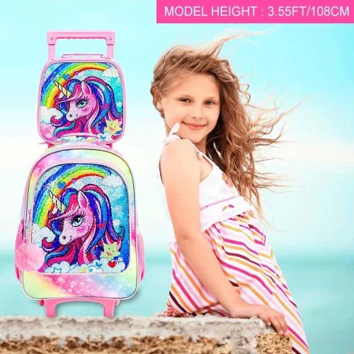 Vista 7 de Mochila con ruedas para niñas y niños, 3 unidades, con ruedas, con lonchera, mochilas con ruedas para primaria
