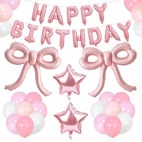 Vista 15 de 2 piezas de decoraciones de cumpleaños con lazo, globos de lazo negro, decoraciones de fiesta con lazo, globo gigante de papel de aluminio