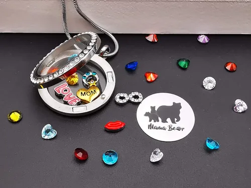 Vista 4 de Collar con colgante para mamá, medallón flotante con 24 piedras natales y abalorios para mujeres y niñas, regalo para madre