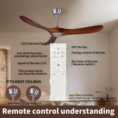 Vista 6 de Ventilador de techo de madera para interiores y exteriores de 52 pulgadas, ventilador de techo CC de 3 aspas con control remoto, 2 varillas Cuerpo