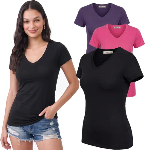 Vista 128 de Emmalise Camiseta de manga corta para mujer, cuello en V, tallas junior y plus