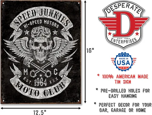 Vista 2 de Tin Signs TSN2053 Speed Junkies - Letrero de Moto Club, color negro