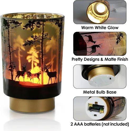 Vista 3 de Eywamage Pequeña lámpara de mesa con pilas con control remoto, lámpara de cristal inalámbrica de ciervo del bosque para dormitorio, sala de estar