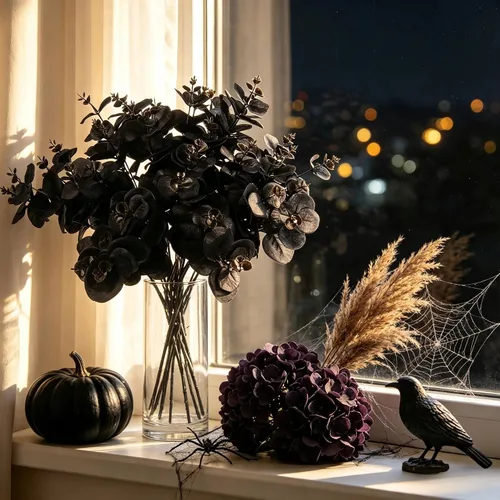 Vista 4 de Tinsow 5 tallos de eucalipto artificiales negros, ramas de eucalipto sintético, hojas negras, centro de mesa de Halloween, decoración del hogar