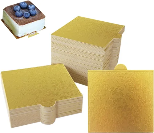 Vista 8 de 100 mini tablas para tartas de 5.12 x 1.57 pulgadas, juego de cartón rectangular dorado de barra larga, base para cupcakes, bandeja para exhibidores