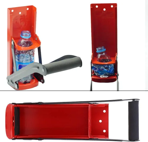 Vista 5 de Trituradora de latas para reciclaje, 16.9 fl oz, trituradora de latas de acero rojo, mango de goma, herramienta de reciclaje de botellas de plástico