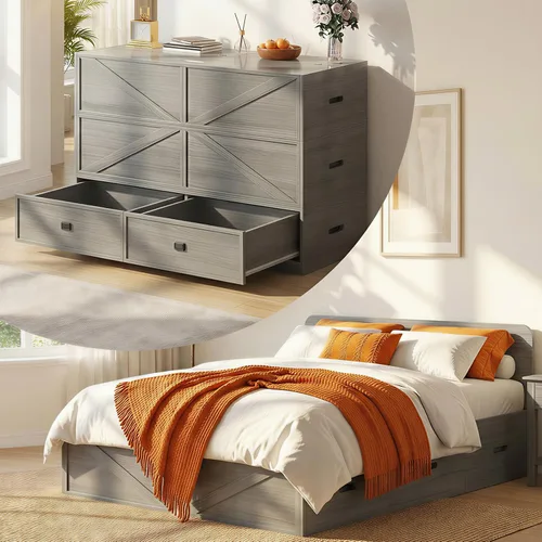 Vista 10 de ijuicy Cama Queen Murphy 4 en 1 con colchón incluido y cajones extragrandes, cama multifuncional que se convierte en sofá para espacios