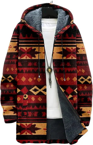 Vista 16 de Chaqueta de forro polar con capucha para hombre, con estampado azteca, de algodón pesado, con cremallera, manga larga, chaqueta con capucha
