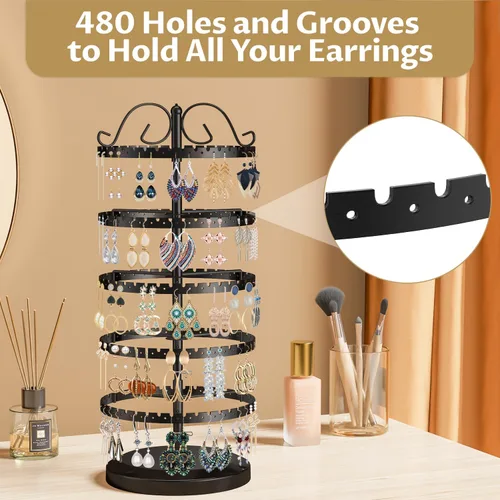 Vista 6 de LASZOLA Soporte organizador de aretes negro de 5 niveles, árbol para mujer, almacenamiento para tachuelas y aro, soporte de clip giratorio grande