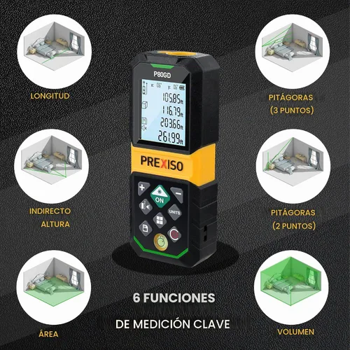 Vista 5 de PREXISO Medidor Láser Recargable, Herramienta de Medición Láser de Haz Verde de 265 Pies con Sensor de Ángulo y Almacenamiento de 30 Conjuntos