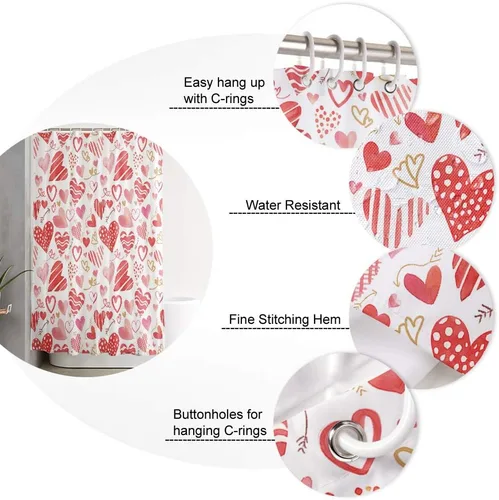 Vista 6 de BestLives Cortina de ducha de San Valentín, diseño de corazón rosa y rojo, con diseño de flechas románticas, impermeable, tela de poliéster, con 10