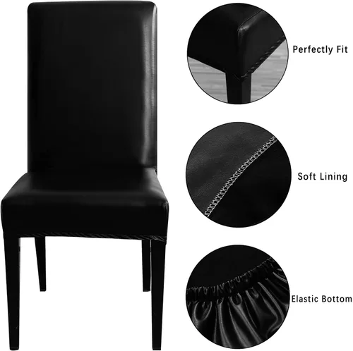 Vista 2 de Qubjus Fundas para sillas de comedor, de piel sintética sólida, impermeable, a prueba de aceite, elásticas, fundas protectoras para sillas de Negro