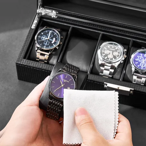 Vista 6 de BEWISHOME Caja de reloj para hombres Organizador de reloj con 6 ranuras, funda de reloj, diseño de fibra de carbono, parte superior de vidrio real