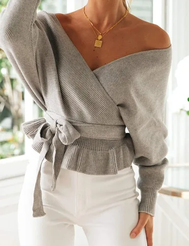 Vista 2 de ZESICA - Suéter envolvente de punto para mujer con cuello en V manga larga tipo murciélago cinturón y volantes sin botones