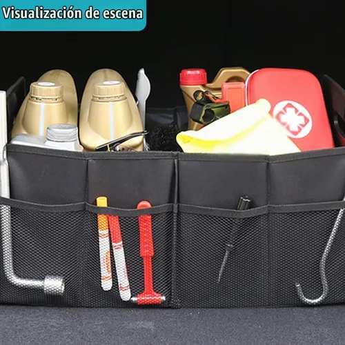 Vista 6 de Organizador de maletero de coche, caja de almacenamiento auto plegable de múltiples compartimentos con 4 bolsillos, contenedor de maletero de coche
