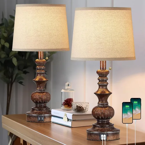 Vista 10 de Drawealth Lámparas Estilo Rústico de 22 pulgadas para Dormitorios, Juego de 2 Lámparas de Mesita de Noche con Puertos de Carga USB, Lámparas de Mesa