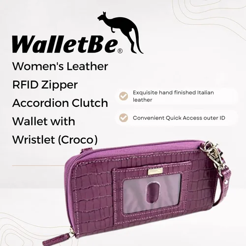 Vista 2 de WalletBe - Cartera de cuero con cremallera RFID doble para mujer con pulsera Croco, Púrpura, Cartera RFID