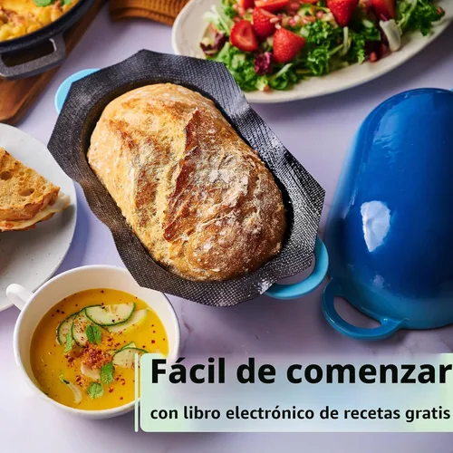 Vista 5 de LoafNest: Kit de pan artesanal increíblemente fácil. Horno holandés de hierro fundido [gradiente azul] y forro de silicona antiadherente perforado.