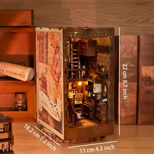 Vista 2 de Kit de rincón de libros en miniatura para bricolaje, biblioteca de sueños académicos con luz LED, rompecabezas de diorama de sujetalibros de madera