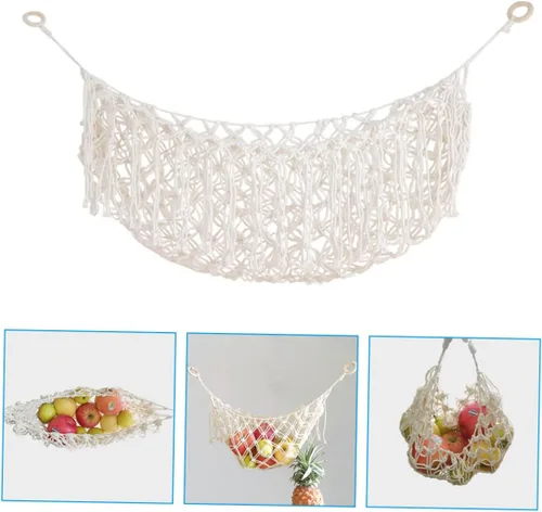Vista 4 de Bolsa de red de almacenamiento de cocina, hamaca de frutas colgante, decoración de macramé, cesta de frutas de macramé, organizador