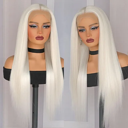 Vista 3 de Lovestory Peluca de encaje frontal larga y recta color blanco platino, predepilada, rubio platino, pelucas de encaje frontal sintético para mujeres