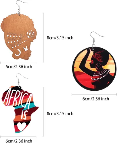 Vista 7 de 12 pares de pendientes de madera con mapas africanos y pendientes étnicos naturales