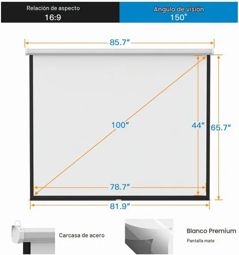 Vista 2 de PERLESMITH PSMS1 - Pantalla de proyector de 100 pulgadas, pantalla de proyector retráctil HD 16:9 con bloqueo automático, pantalla de proyector