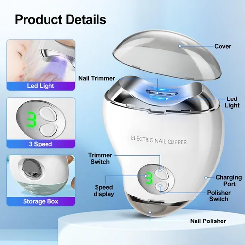 Vista 2 de Electric Nail Clipper with LED Light & 3 Speeds, Fingernail Cutter and Polisher 2 in 1 Design, Nail Scraps Storage Rechargeable Safety Fingernail